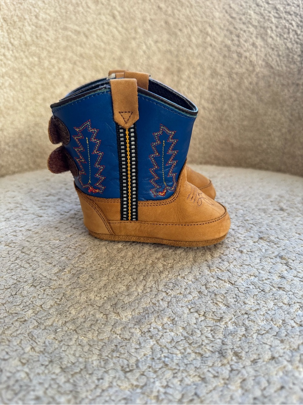 Old West Infant Cowboy Boots Size 2 Brown Blue Leather Western Baby Boots